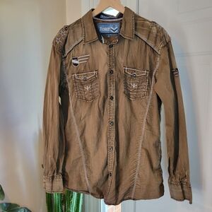 Roar Shellshock Collection Brown Grunge Y2K Aviation Collection Shirt, Size XL